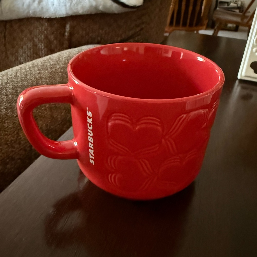 STARBUCKS Mug Cup 2018 Valentines Red Ceramic Embossed Heart Design 12oz